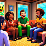 **

A group of diverse avatars laughing and chatting in a vibrant, pixelated Hangame chat room. Emphasize friendship and camaraderie. Include various emoticons being used. The scene should evoke a sense of warmth and belonging, like a family gathering online.

**